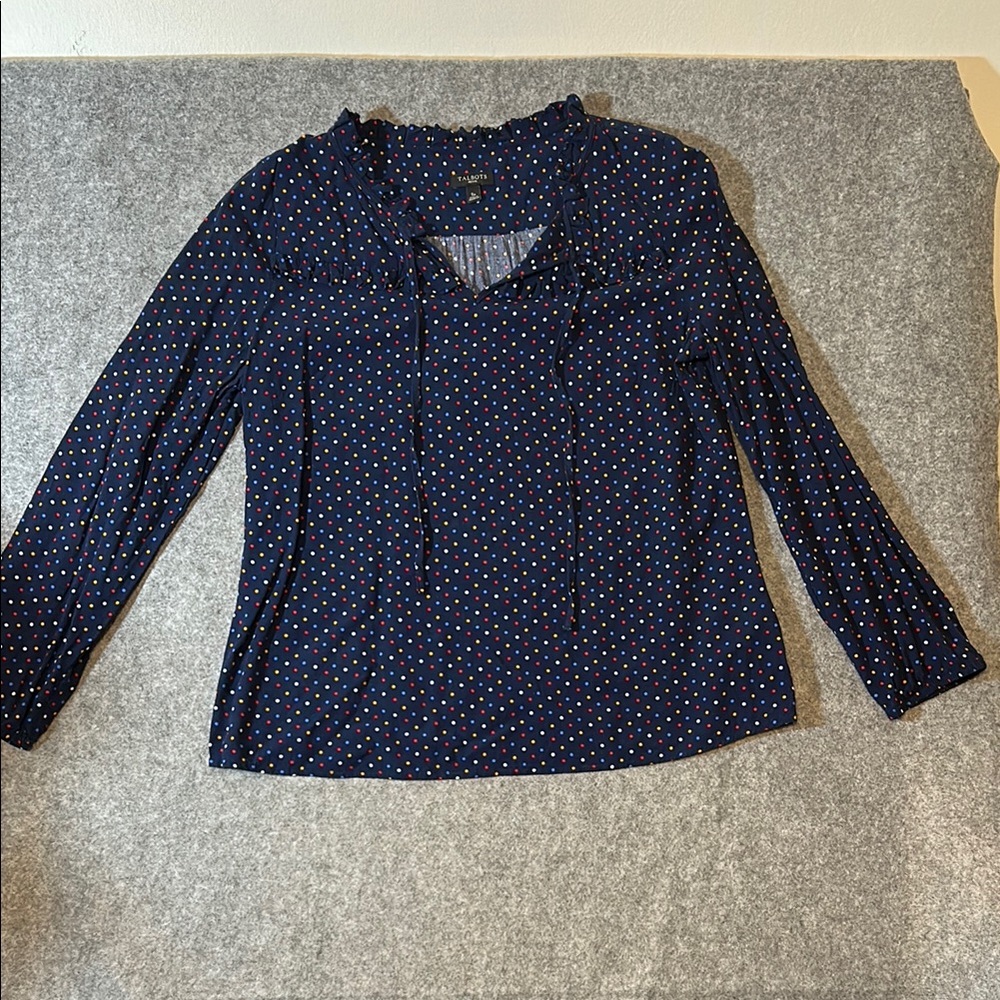 Talbots Navy Multi-Color Polka Dot Women's Top Size Small Petite SP Ruffles